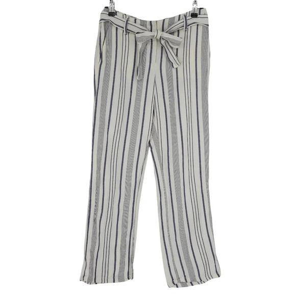 Ann Taylor LOFT Straight Leg Pants Linen White Stripe Mid Rise Tie Belt - Picture 1 of 5